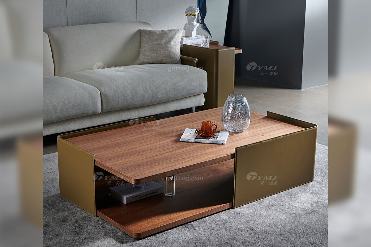 時尚輕奢家具品牌別墅家具馬鞍皮藝+北美黑胡桃實木長方幾CT-27A方幾場景