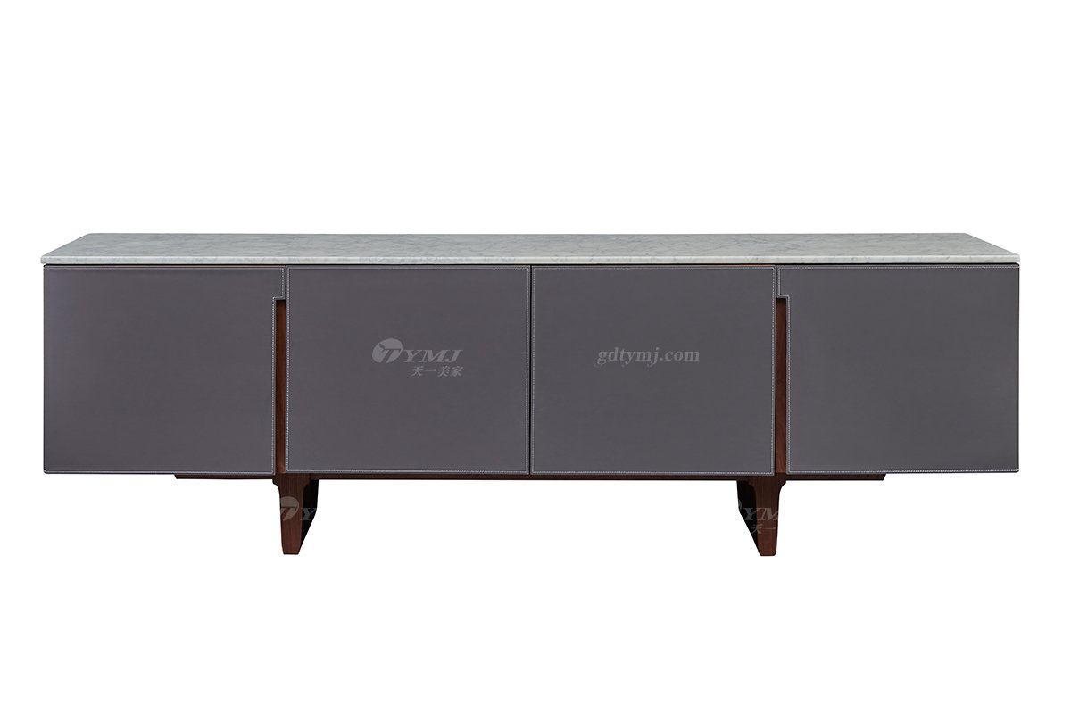 時尚輕奢家具品牌現代別墅家具馬鞍皮藝+大理石北美黑胡桃實木邊柜電視柜