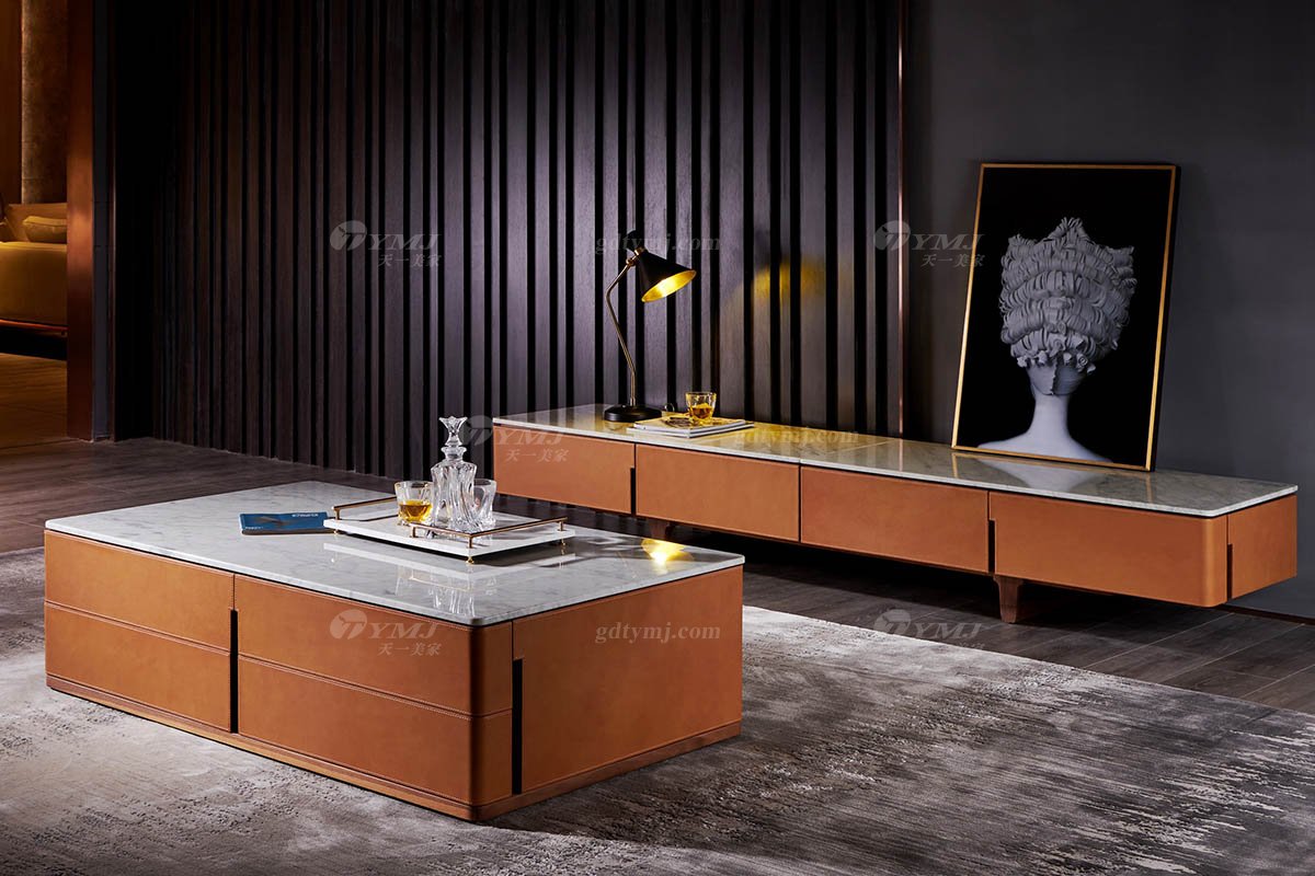 現代時尚輕奢家具別墅家具品牌客廳皮藝卡拉拉白大理石+北美黑胡桃實木電視柜DF-05B電視柜場景1