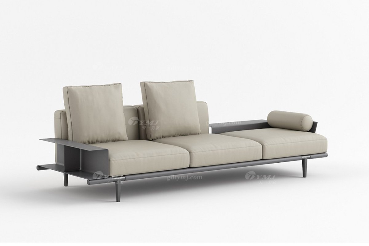 現代時尚輕奢家具別墅品牌客廳米色真皮軟包貴妃位沙發