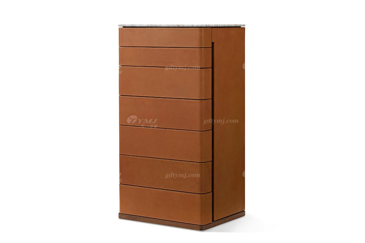 現代高端別墅家具品牌時尚輕奢黑胡桃+大理石皮藝七斗柜