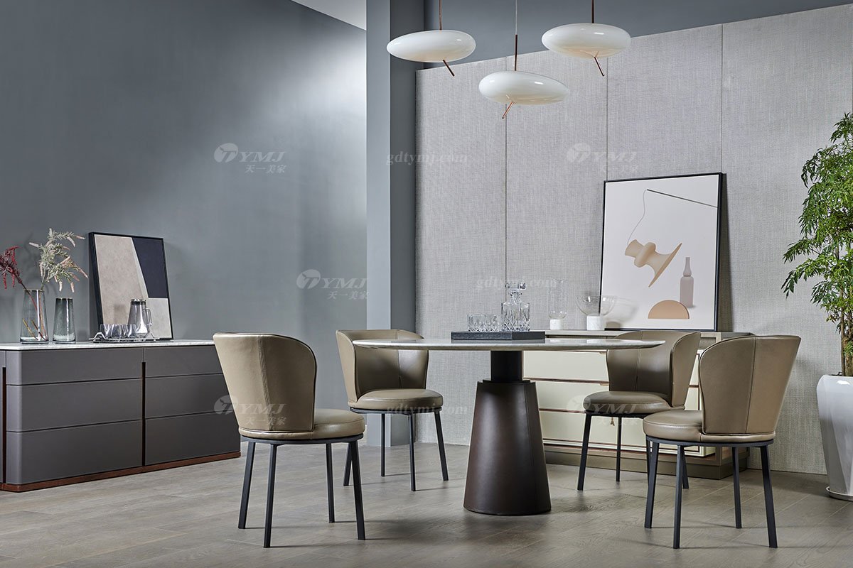 現代輕奢時尚別墅家具品牌高端餐廳意大利卡拉拉白大理石餐桌DT-09餐桌場景