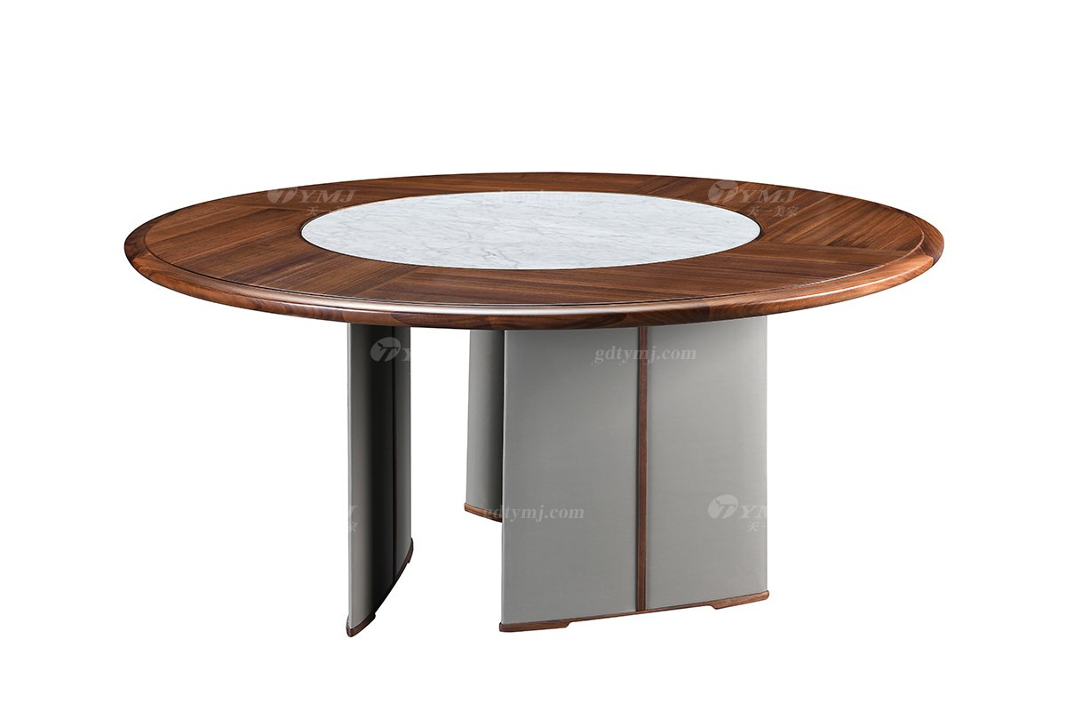 現代時尚輕奢別墅家具品牌餐廳北美黑胡桃實木+意大利卡拉拉白大理石圓餐桌