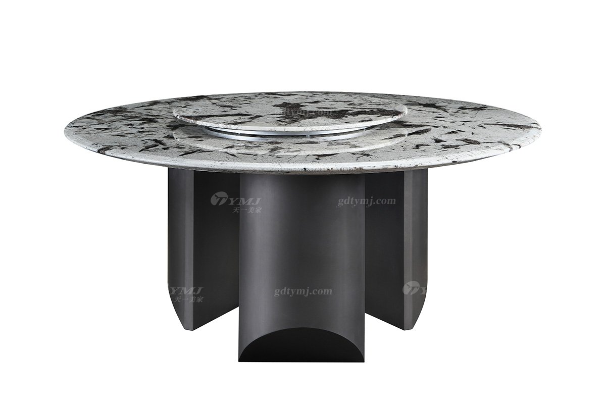 現代時尚輕奢家具品牌別墅家具高端餐廳金屬+雪山飛狐大理石圓餐桌