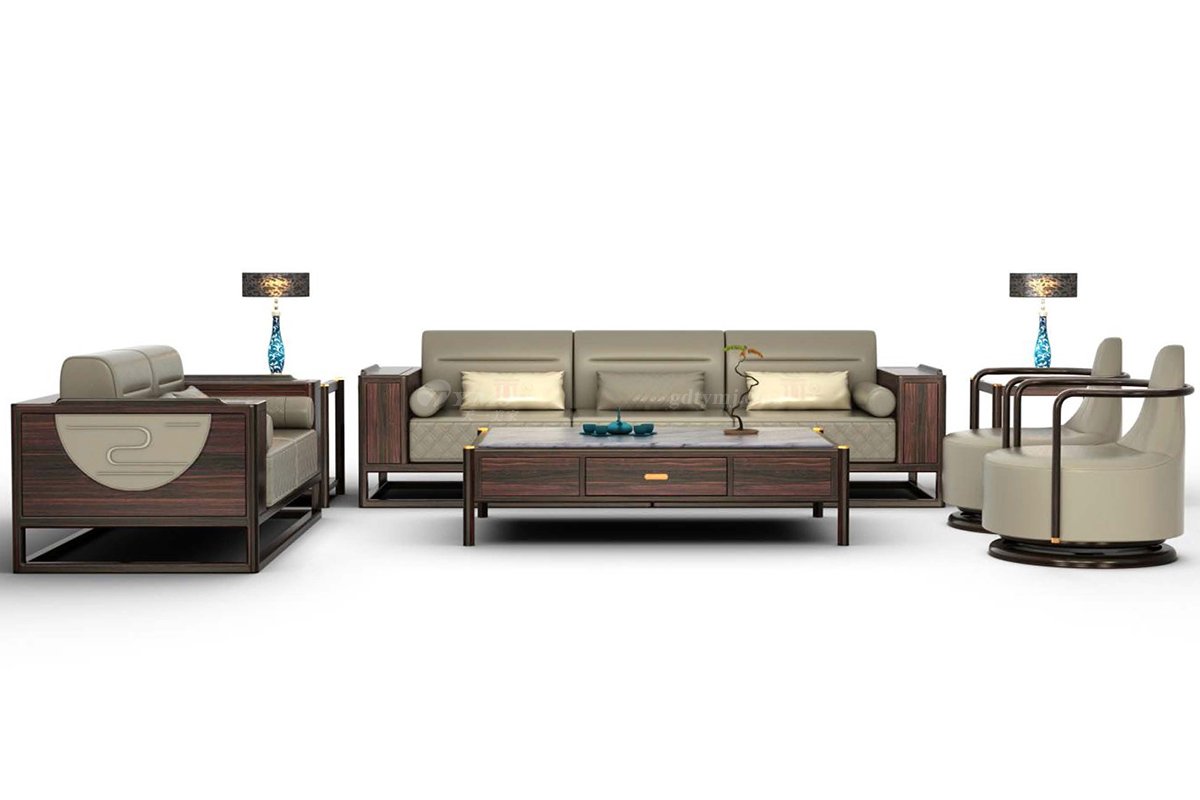 新中式高檔家具會所家具時尚輕奢進口烏金木實木四人位沙發H-GASF4四人位沙發組合