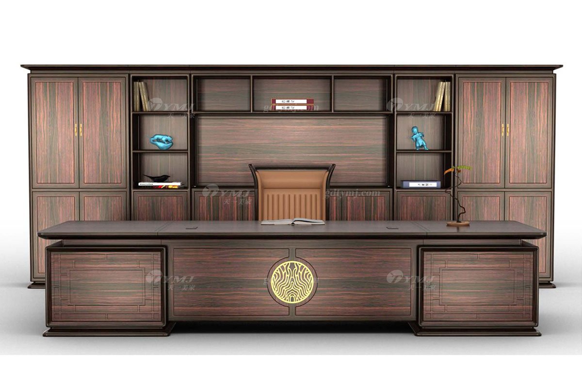 新中式家具品牌高檔別墅會所家具大氣深咖色進口烏金木實木班臺H-GQBT38班臺組合