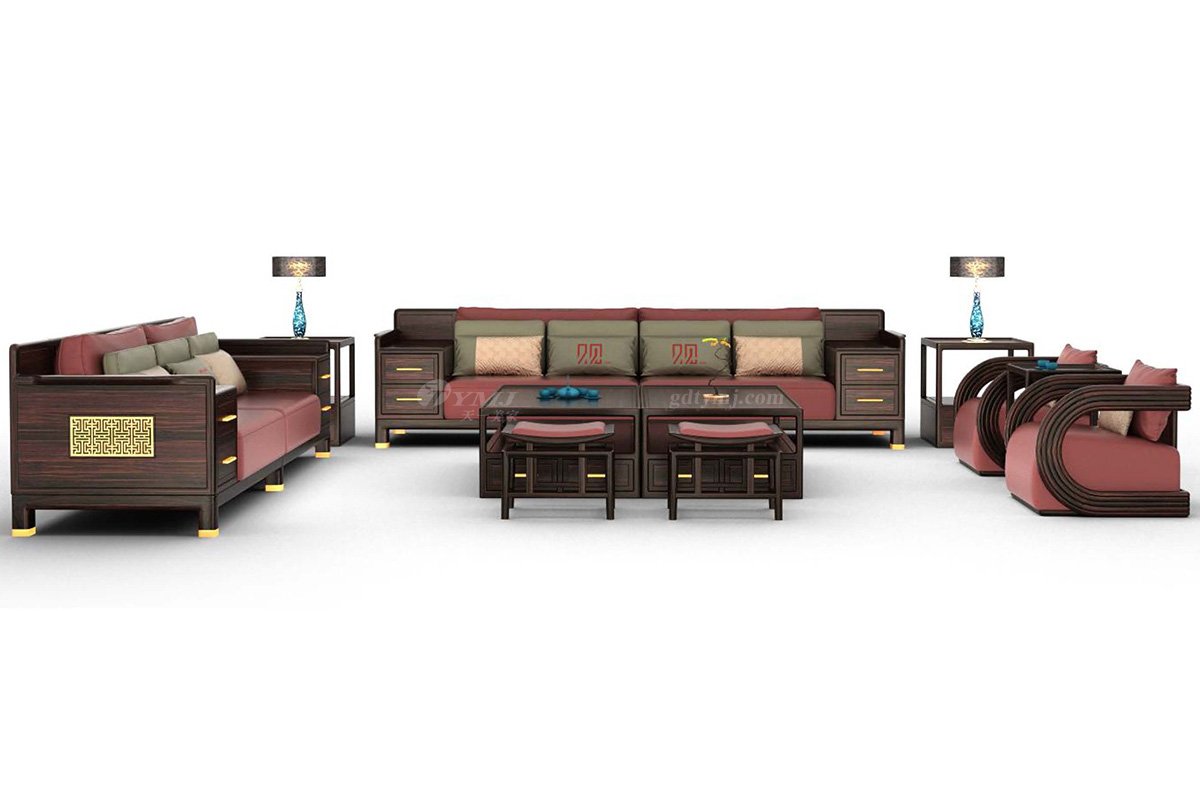 時尚高檔家具品牌輕奢新中式風格進口烏金木真皮刺繡二人位沙發H-GQSF2二位沙發組合