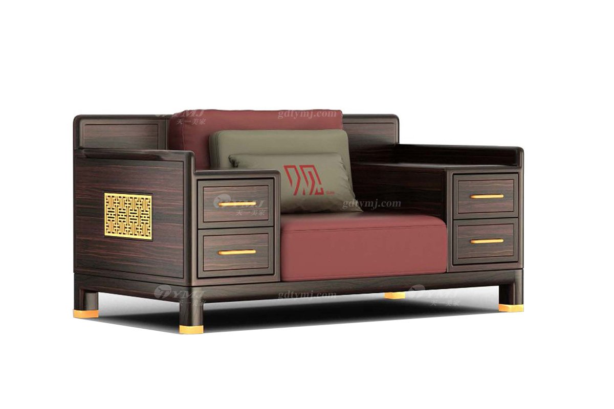 高端會所家具品牌別墅家具新中式風格進口烏金木深咖色單人位沙發