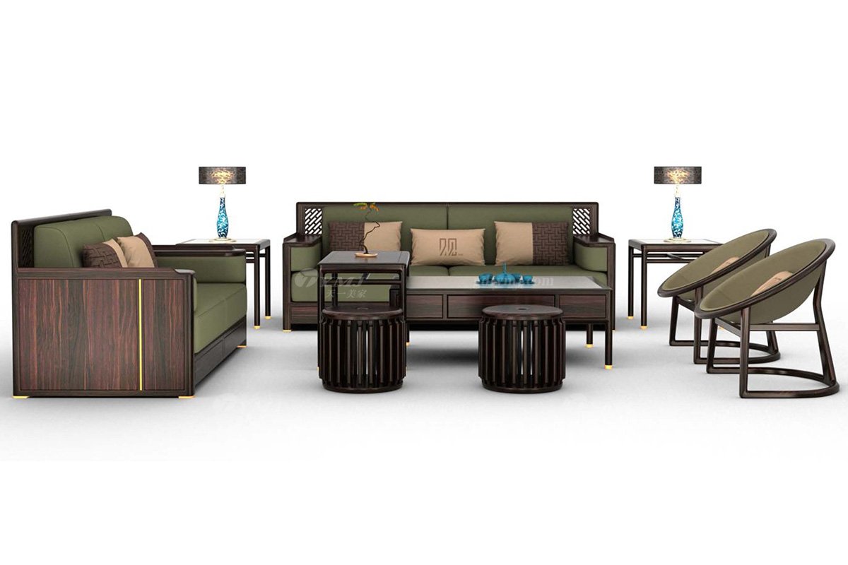 新中式風(fēng)格家具品牌高端頂級輕奢時尚家具進(jìn)口烏金木全實木+真皮刺繡雙人位沙發(fā)H-GOSF2雙人位沙發(fā)場景