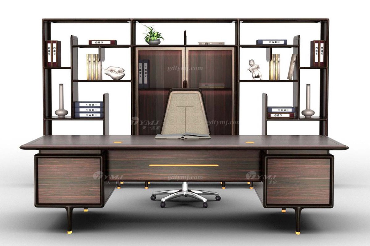 新中式家具風(fēng)格品牌別墅會(huì)所家具高端大氣進(jìn)口烏金木實(shí)木大班臺(tái)H-TBBT28-G大班臺(tái)場景