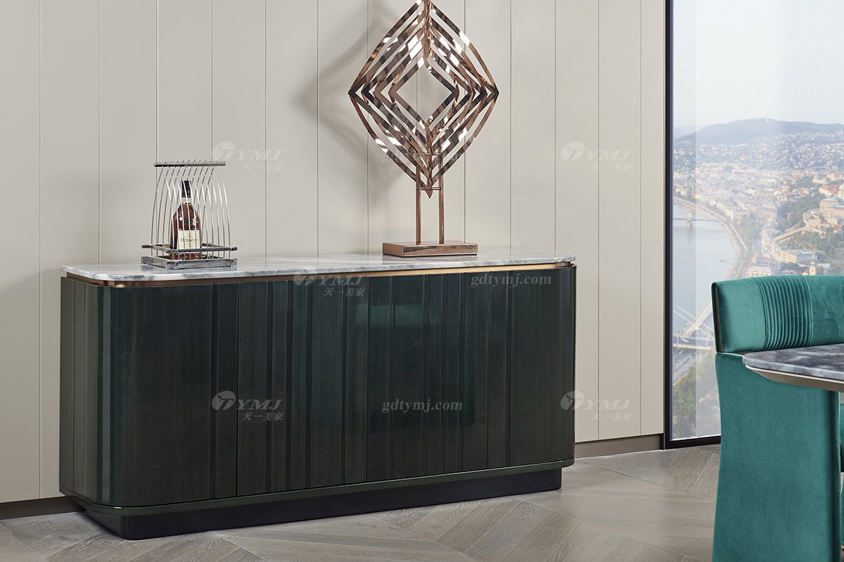 高端會所別墅家具品牌后現代輕奢風格餐廳時尚魚肚灰石面+尼斯莫蘭迪綠餐邊