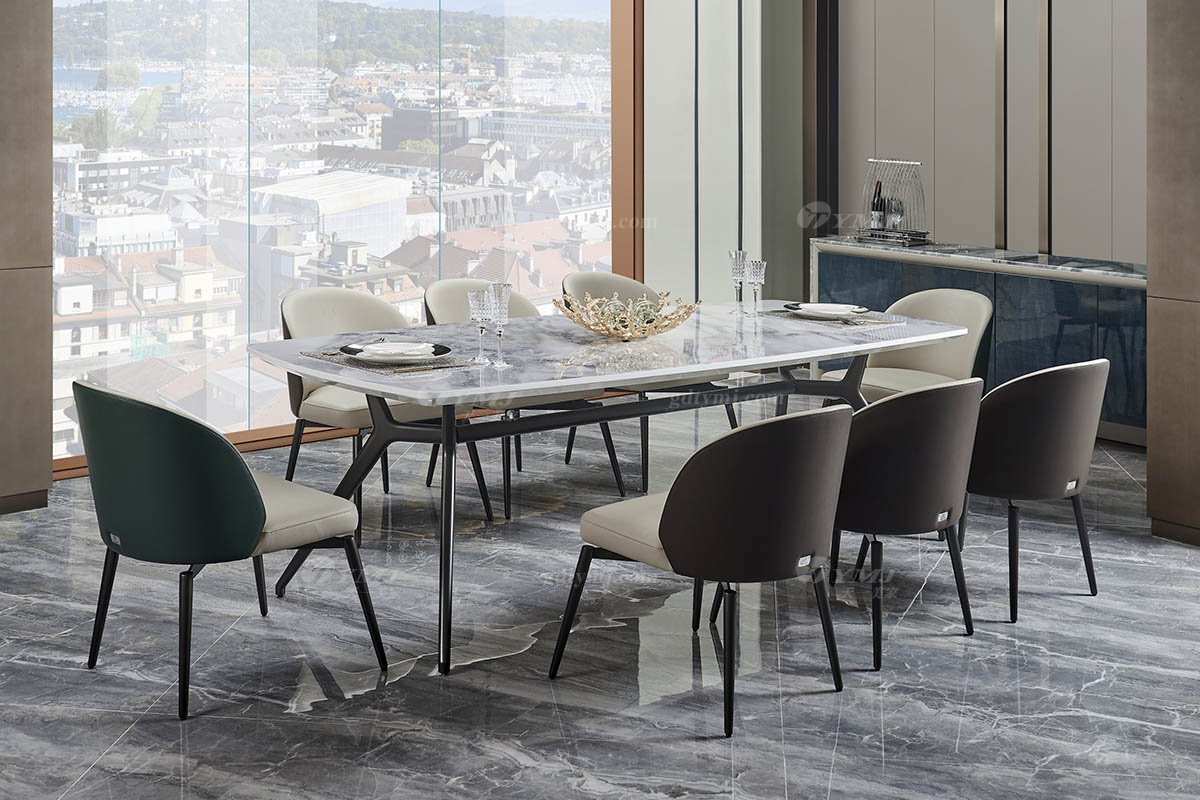 后現代輕奢風格家具高端會所別墅品牌家具時尚餐廳大理石面+啞光金屬餐桌TC806-220餐桌場景