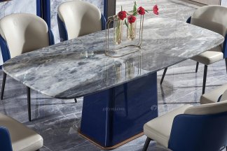 后現(xiàn)代輕奢風格家具高端會所別墅品牌家具時尚餐廳魚肚灰石面+孔雀藍餐桌餐臺