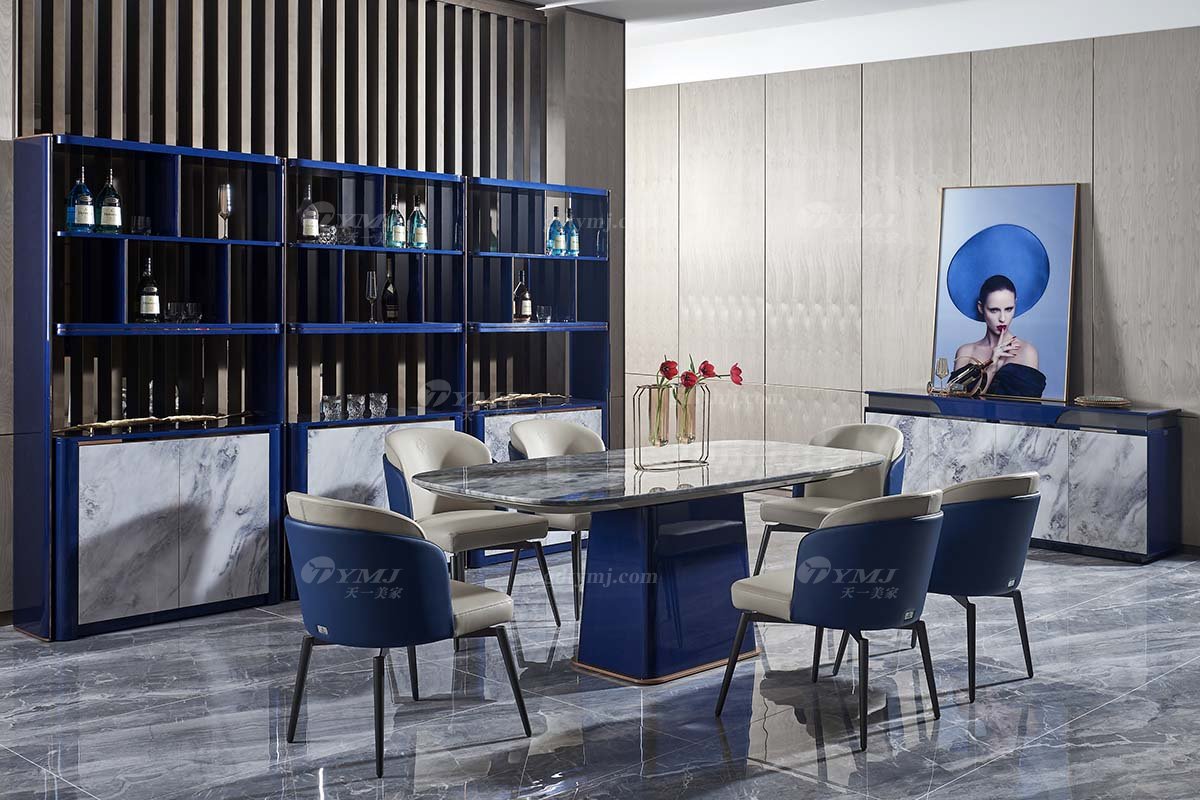 后現(xiàn)代輕奢風(fēng)格家具高端會所別墅品牌家具時(shí)尚餐廳魚肚灰石面+孔雀藍(lán)餐桌餐臺TC808-200餐桌場景