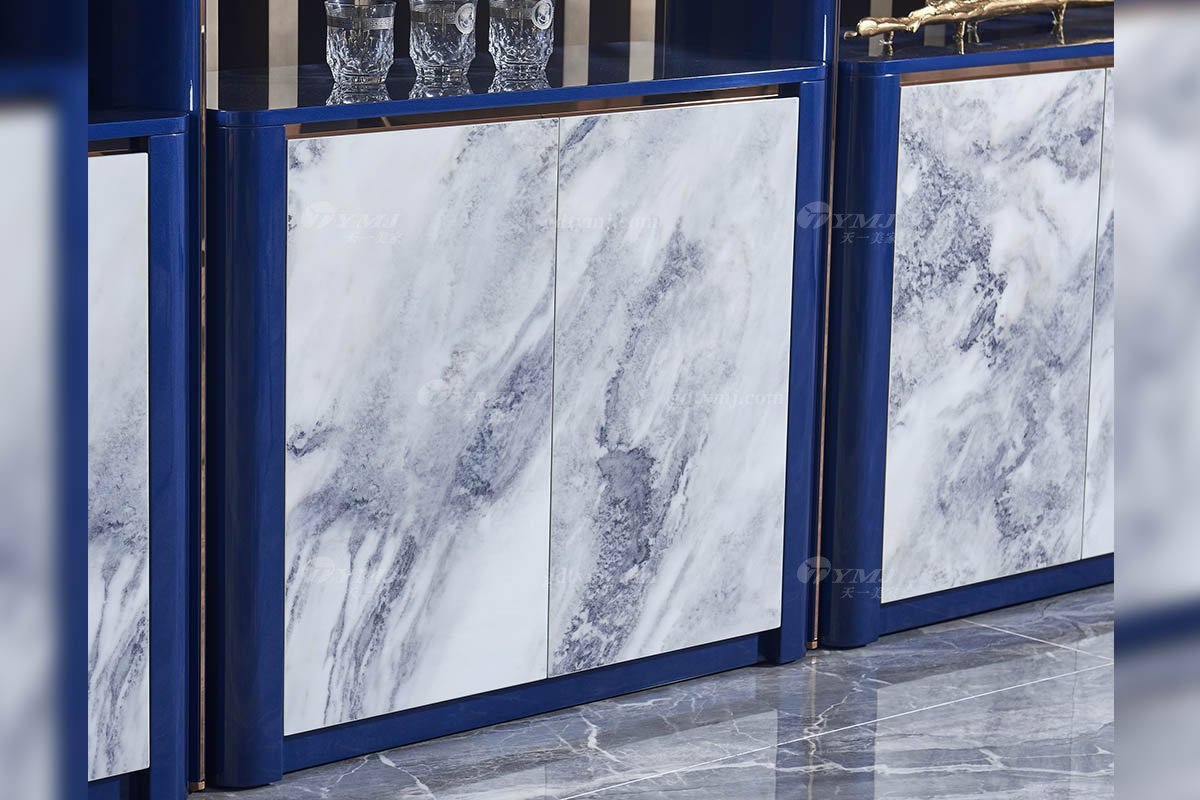 后現代輕奢風格家具高端會所別墅品牌家具時尚大氣餐廳大理石紋+孔雀藍六門酒柜TS708-314六門酒柜細節