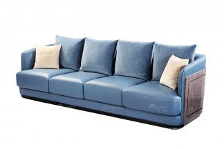 輕奢后現代風格家具高端會所別墅品牌家具時尚客廳直紋楓影皮+藍色真皮四位沙發