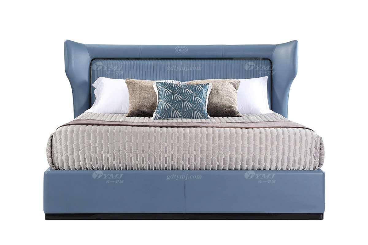 輕奢后現代風格家具高端會所別墅品牌家具臥室大氣藍色真皮+金屬大床