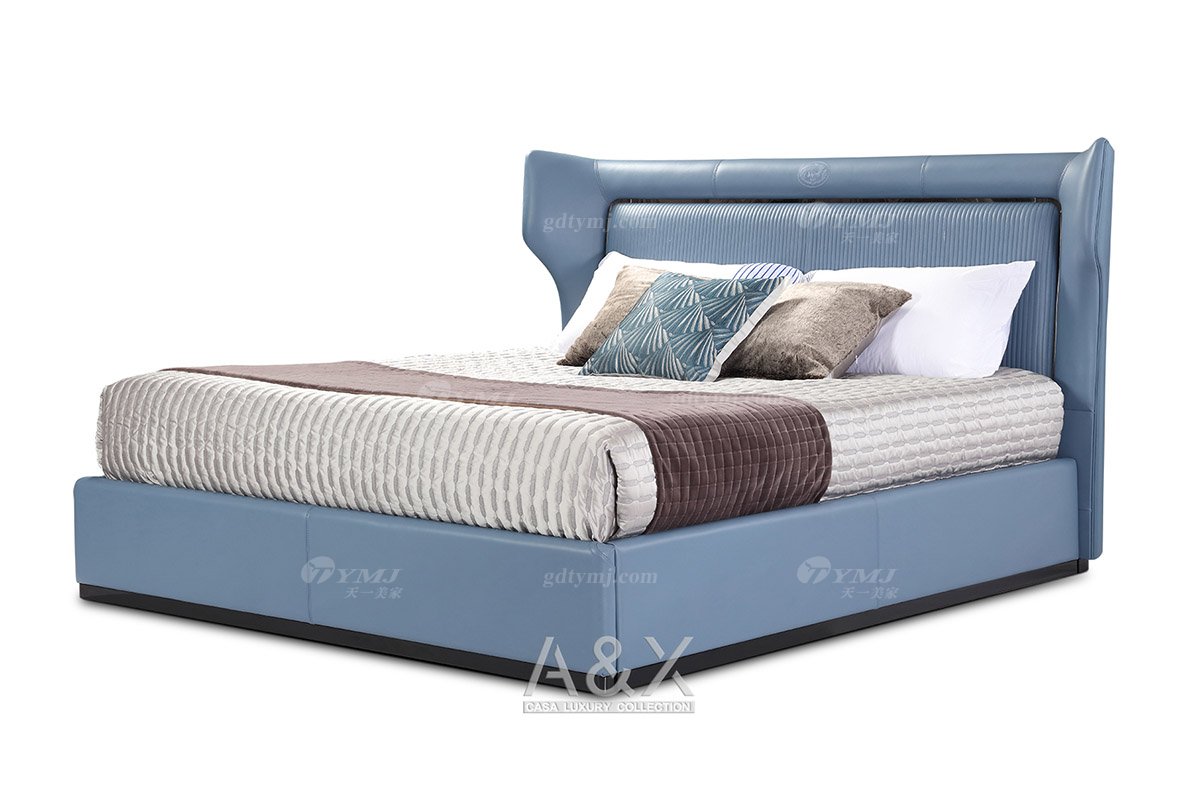 輕奢后現(xiàn)代風(fēng)格家具高端會所別墅品牌家具臥室大氣藍(lán)色真皮+金屬大床CW241-081床1