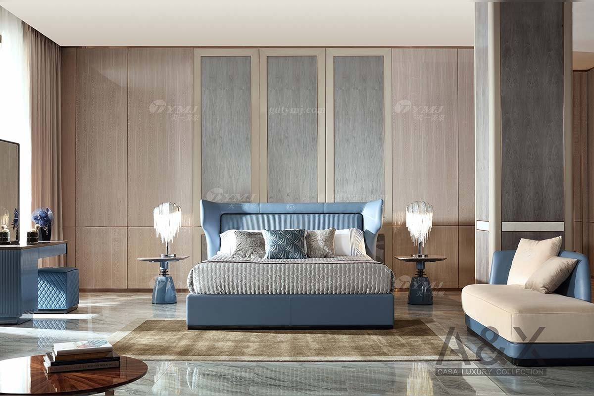 輕奢后現代風格家具高端會所別墅品牌家具大氣藍色真皮梳妝凳方凳CK903-64小方凳場景