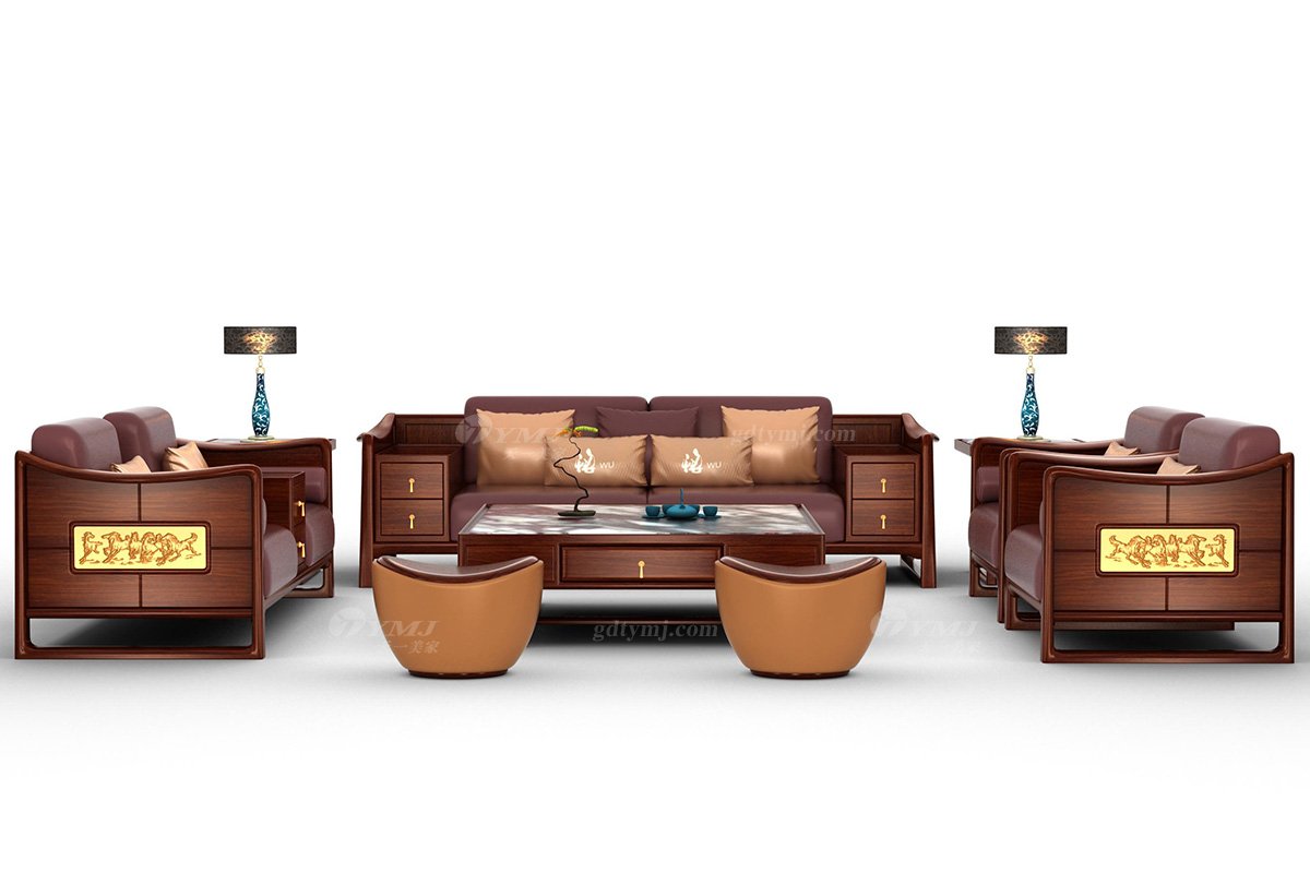 高端新中式辦公家具風格品牌家具簡約大氣安哥拉紫檀實木兩人位沙發馬到成功雙人沙發場景