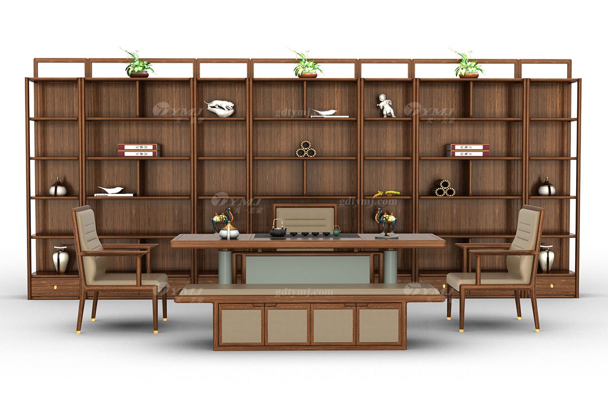 新中式風格家具高端別墅家具品牌簡約大氣時尚茶室家具實木+生態皮藝茶臺H-XLCT2茶臺場景