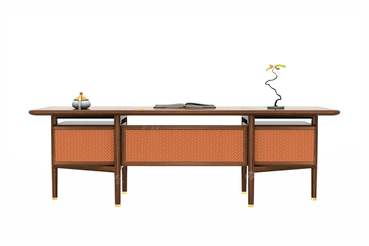 新中式風格家具高端別墅家具品牌簡約大氣時尚茶室家具實木+橙色生態皮藝茶