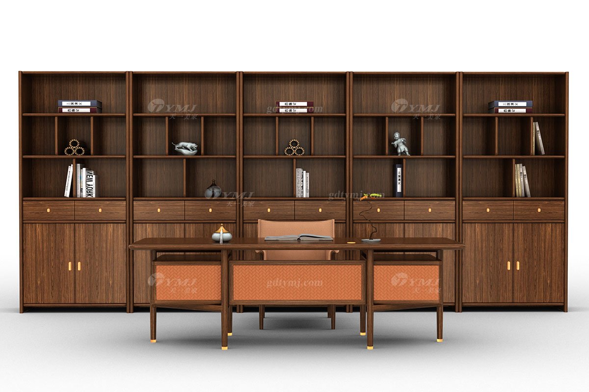 新中式風格家具高端別墅家具品牌簡約大氣時尚茶室家具實木+橙色生態皮藝茶臺H-XLST24茶臺場景