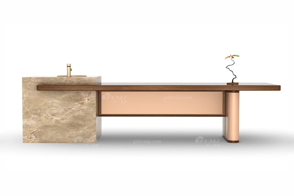 新中式風格家具高端別墅家具品牌簡約時尚餐廳家具實木+生態皮藝中島臺餐桌