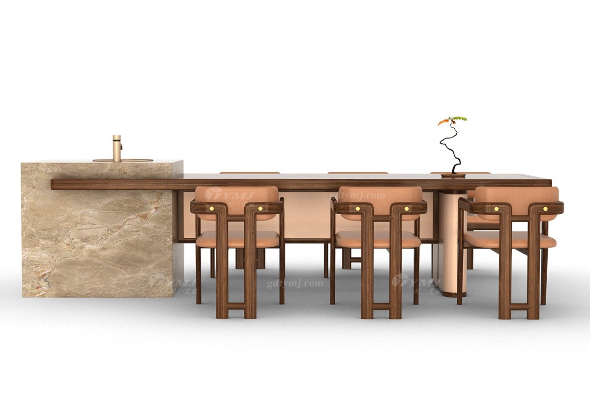 新中式風(fēng)格家具高端別墅家具品牌簡約時(shí)尚餐廳家具實(shí)木+生態(tài)皮藝中島臺餐桌H-ZDTCZ中島臺餐桌場景