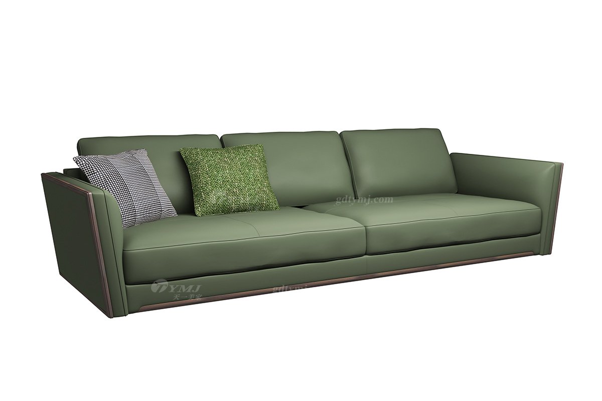 極簡風格家具別墅會所高級舒適實木進口黃牛皮綠色四人位沙發