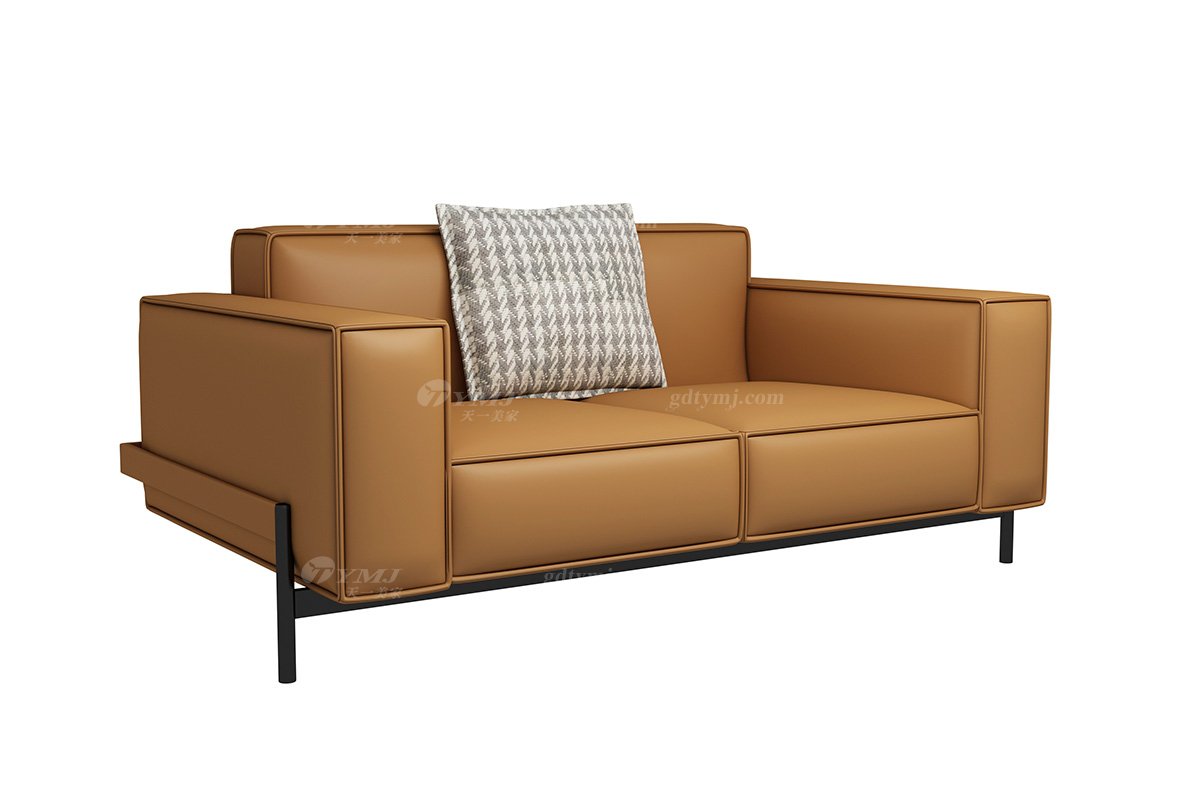 極簡風格家具別墅會所舒適實木進口頭層黃牛皮橙色雙人位沙發