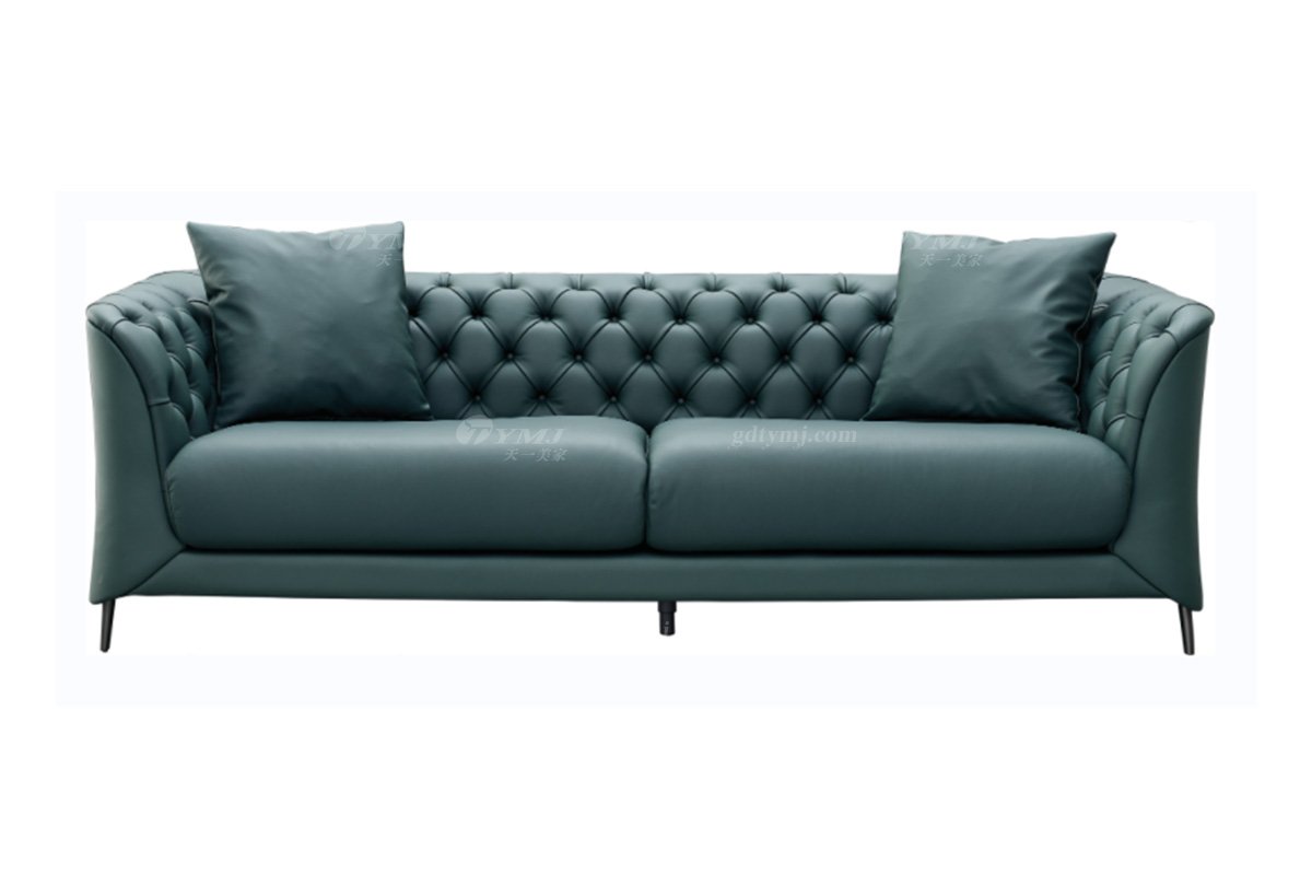 極簡風格家具高端別墅會所大宅簡約實木綠色半皮扶手三人位沙發