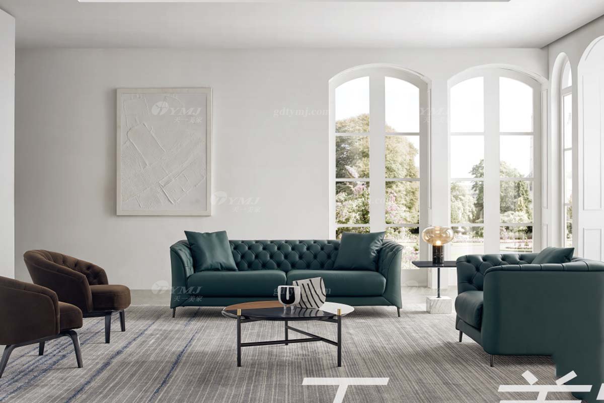 極簡風格家具高端別墅會所大宅簡約實木綠色半皮扶手三人位沙發WD601沙發場景