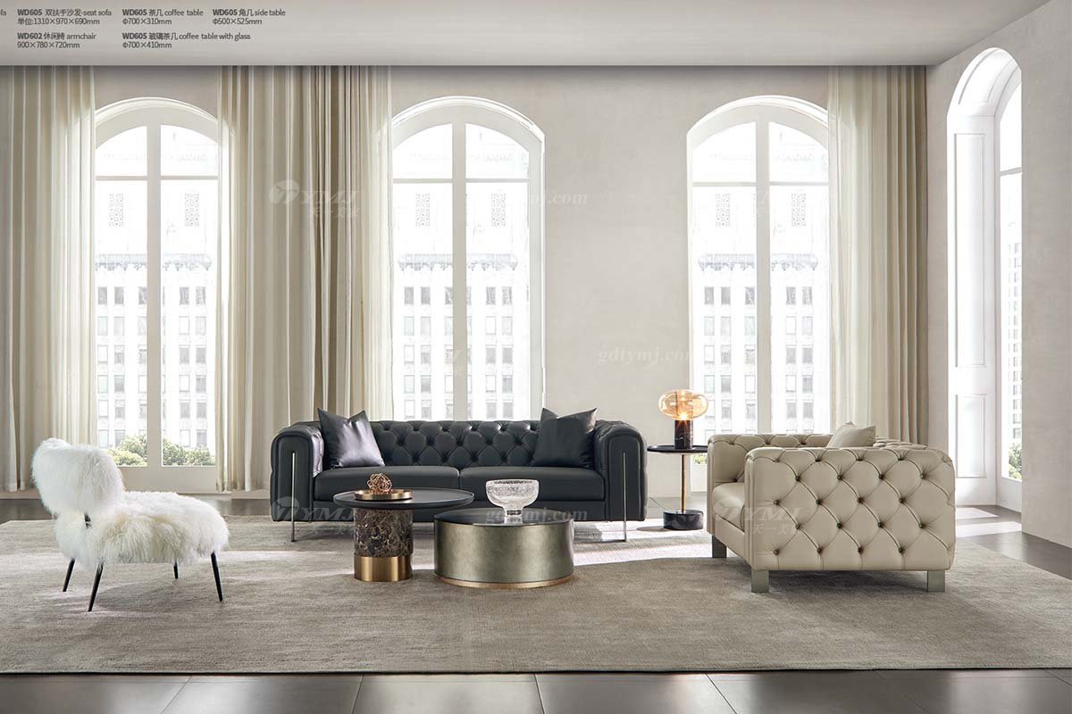 極簡風格家具高端別墅會所大宅簡約拉扣實木灰色半皮扶手二位沙發WD606二位沙發