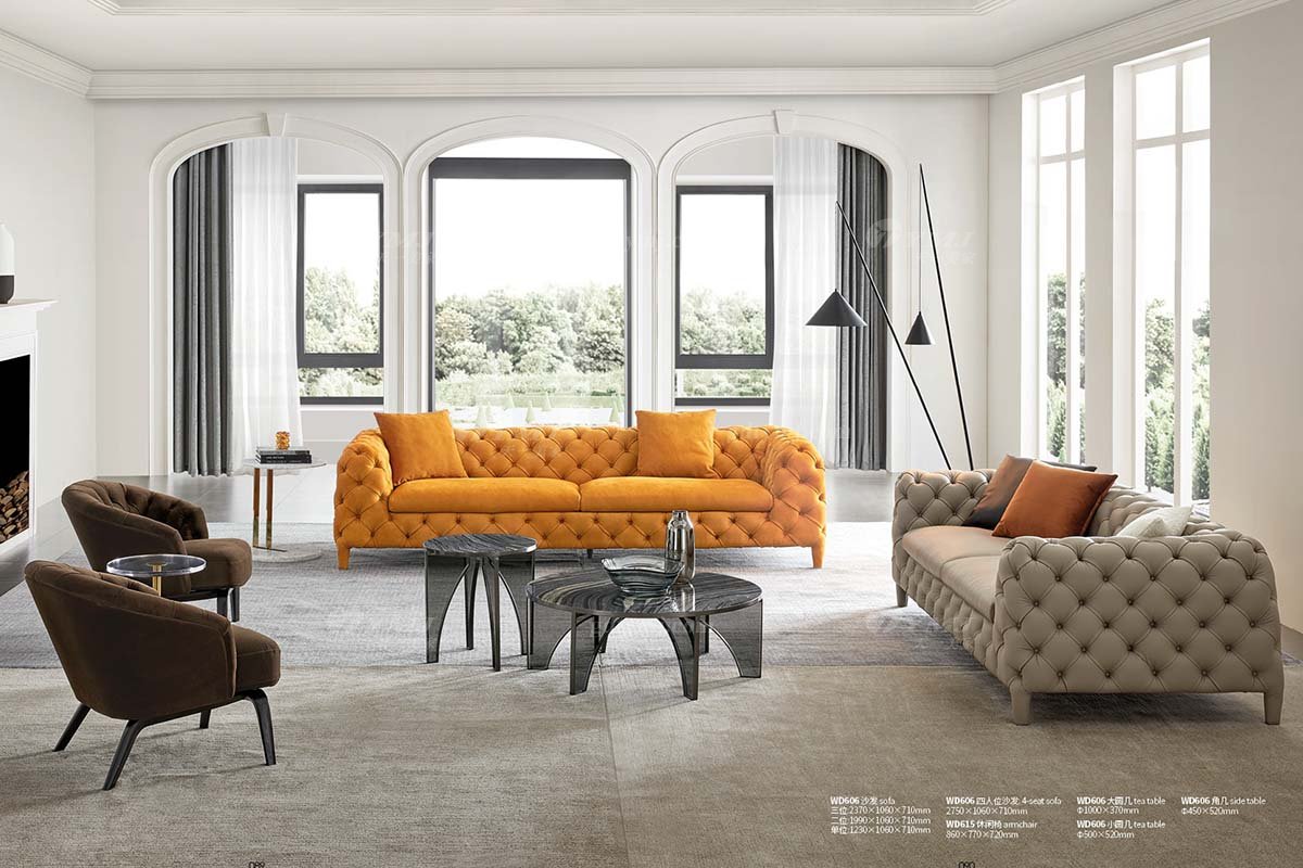 極簡風格家具高端別墅會所大宅簡約拉扣實木灰色半皮扶手四位沙發WD606四位沙發