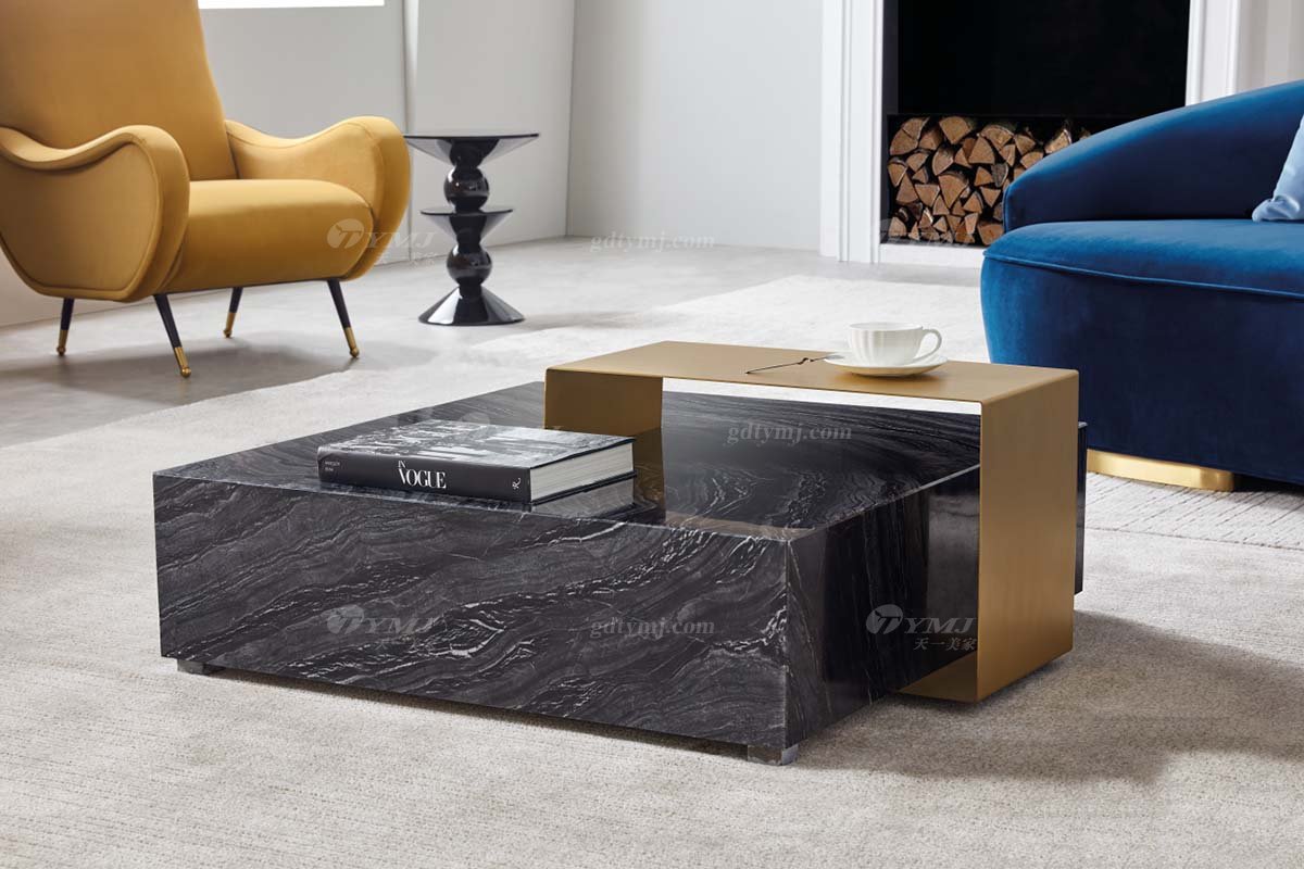 極簡風格家具高端別墅會所大宅簡約天然大理石+拉絲不銹鋼茶幾WD609茶幾場景