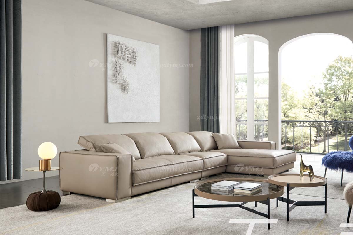 極簡風格家具高端別墅會所大宅簡約大氣實木灰色皮藝組合沙發WD614沙發場景