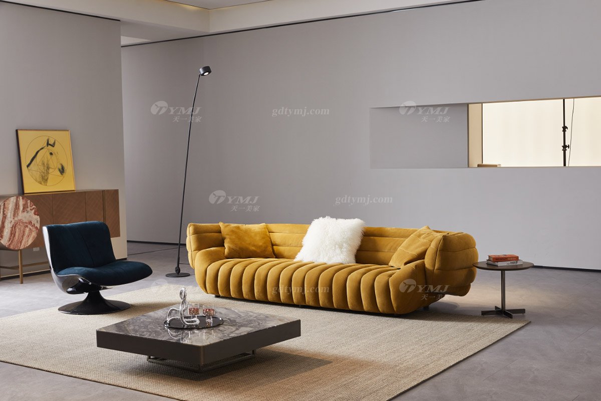 時尚高端意式極簡家具別墅家用豪宅黃色磨砂皮四位沙發SF-9050四位沙發