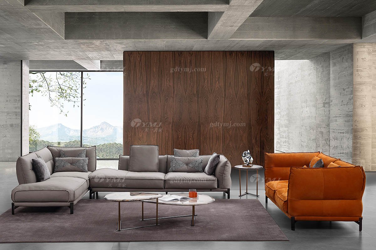 時尚高端現代極簡家具別墅大宅家用舒適全皮灰色組合沙發F9656組合沙發