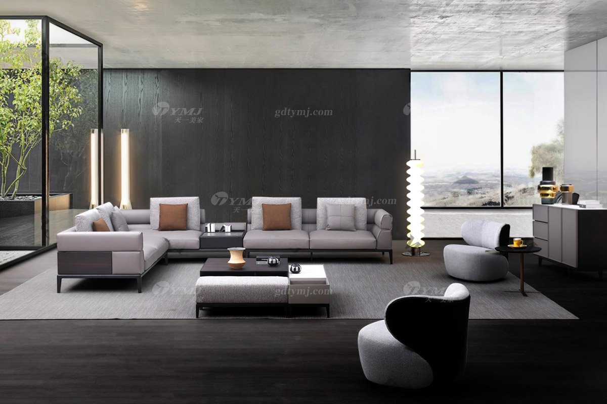 時尚高端現代極簡家具別墅大宅大戶型舒適大氣實木+真皮組合沙發組合沙發