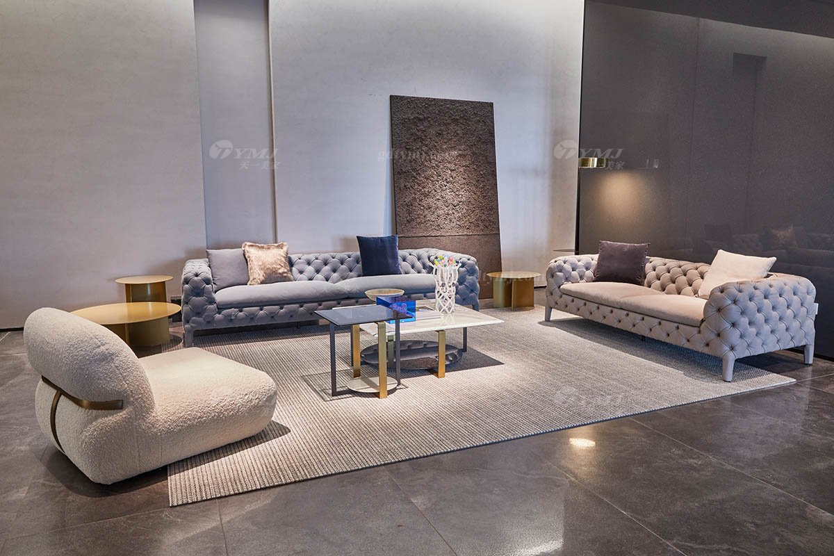 時尚高端現代極簡家具別墅大宅大戶型舒適大氣灰色拉扣全皮二位沙發拉扣沙發