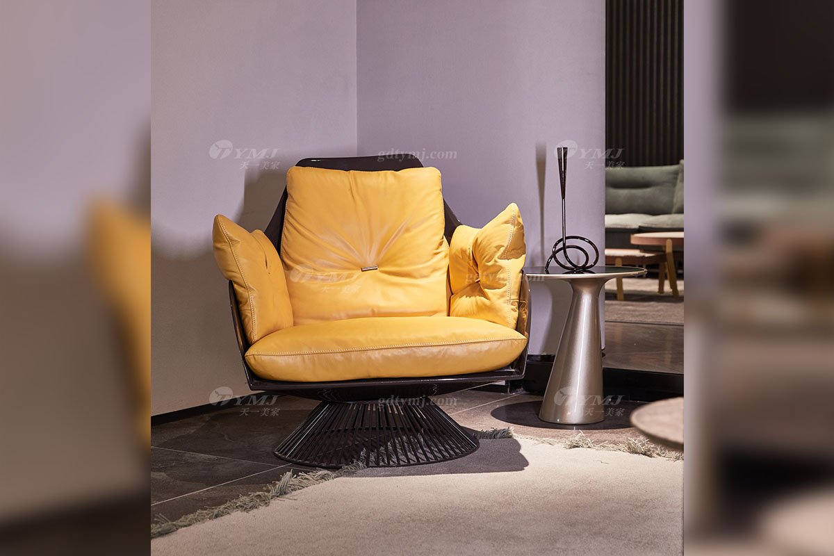 時尚高端現代簡約家具家用別墅舒適黃色真皮+玻璃鋼休閑椅7120-1