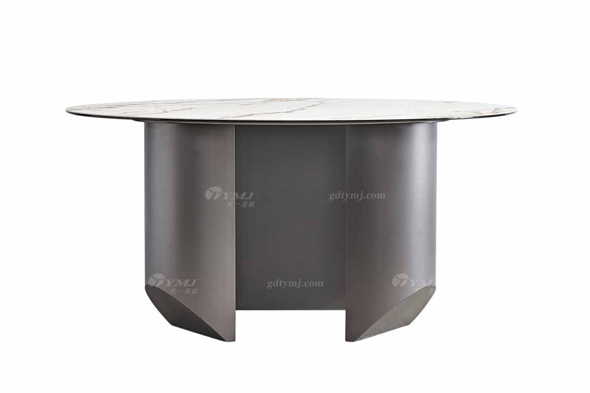  現代簡約家具高端別墅會所家用時尚不銹鋼五金底+勞倫黑金大理石圓餐臺