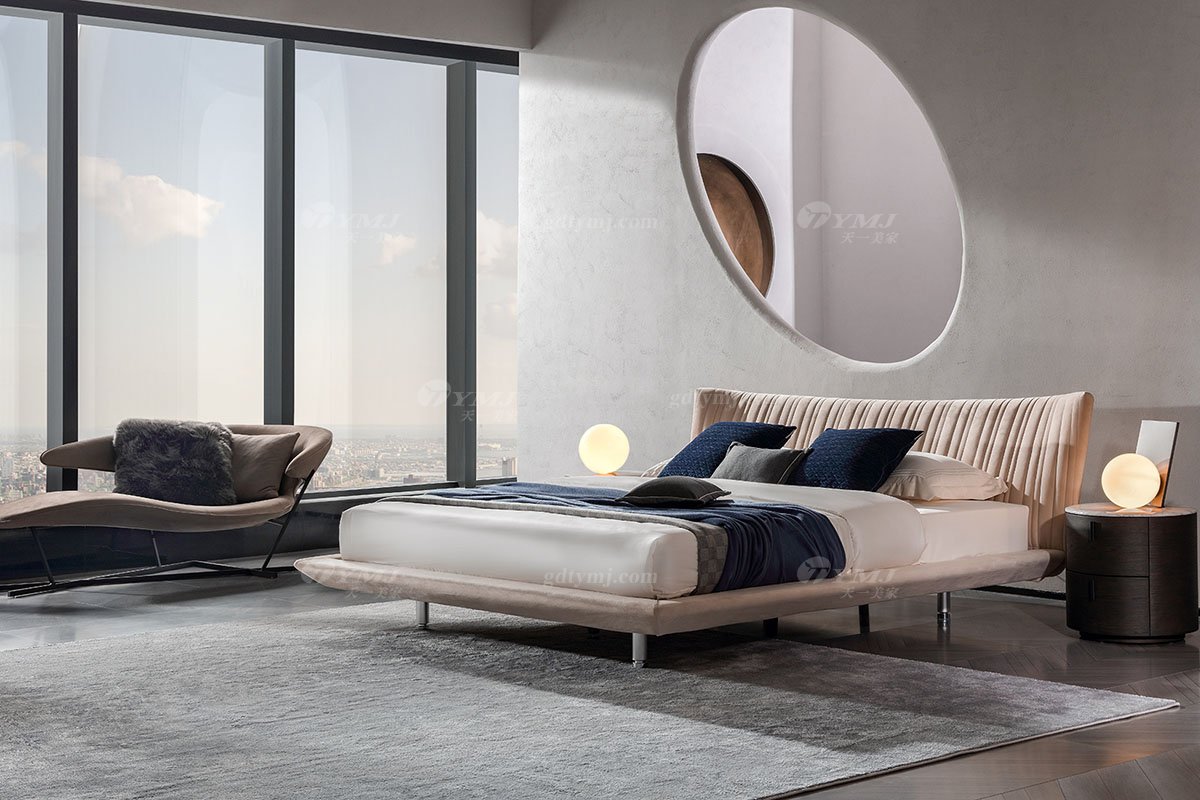  現代簡約家具高端別墅會所家用時尚舒適創意灰色布藝懸浮大床婚床雙人床A2306場景1