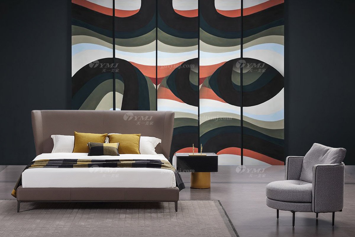  現代簡約家具高端別墅會所家用時尚舒適深灰色真皮大床婚床雙人床A2312場景