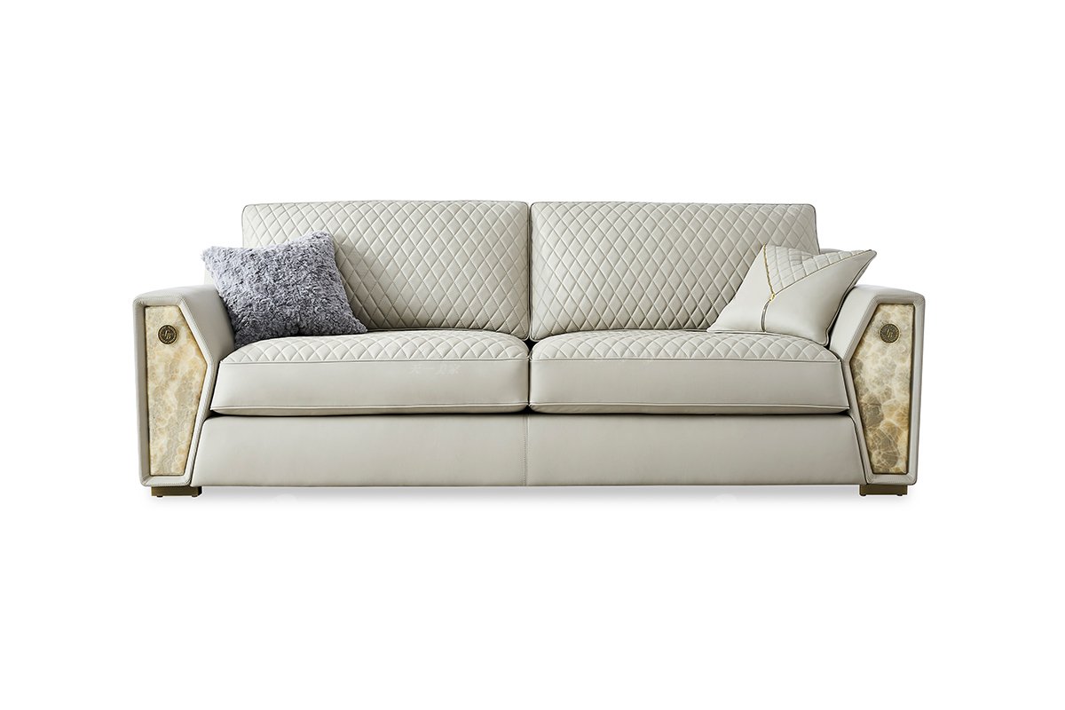 意式輕奢家具高端別墅會所家用時尚高級灰色皮藝+青古銅金屬三位沙發