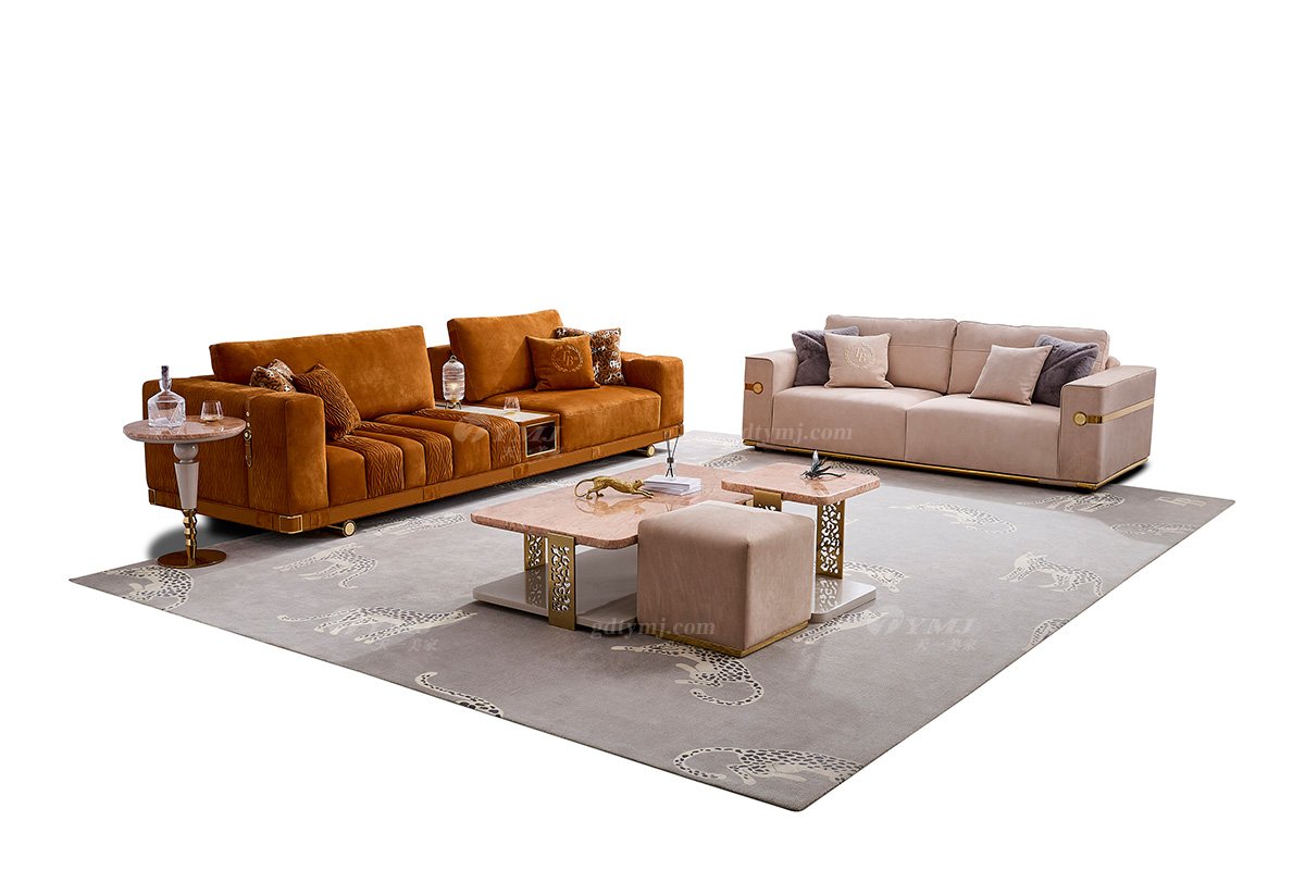 意式輕奢家具高端別墅會所家用時尚舒適大氣卡其色三位沙發FB129SF3場景