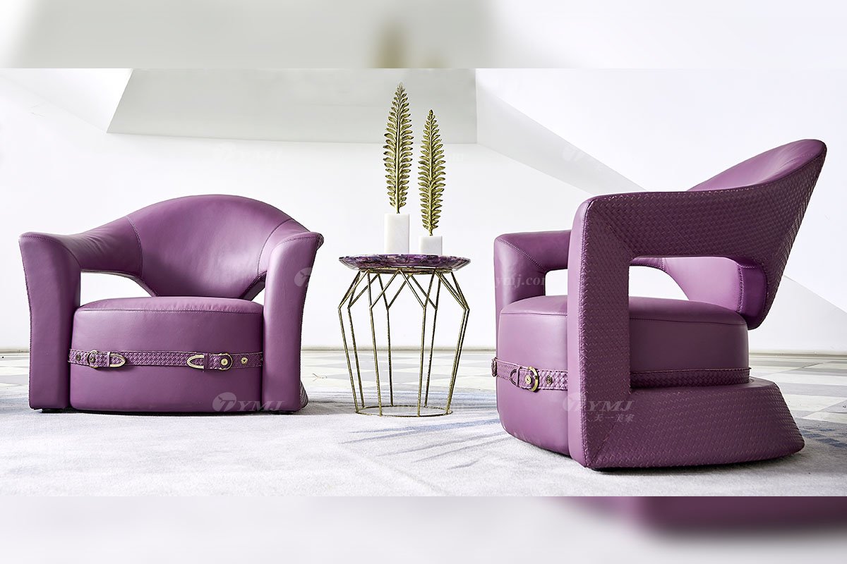 意式輕奢家具高端別墅會所大宅家用時尚舒適紫色全真皮單位沙發休閑椅FB126CH場景