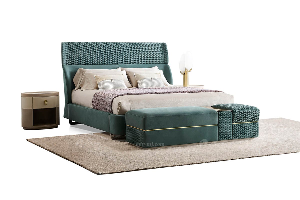 意式輕奢家具高端別墅會所豪宅家用時尚奢華鈦金+綠色真皮1.8米大床121B21M床2