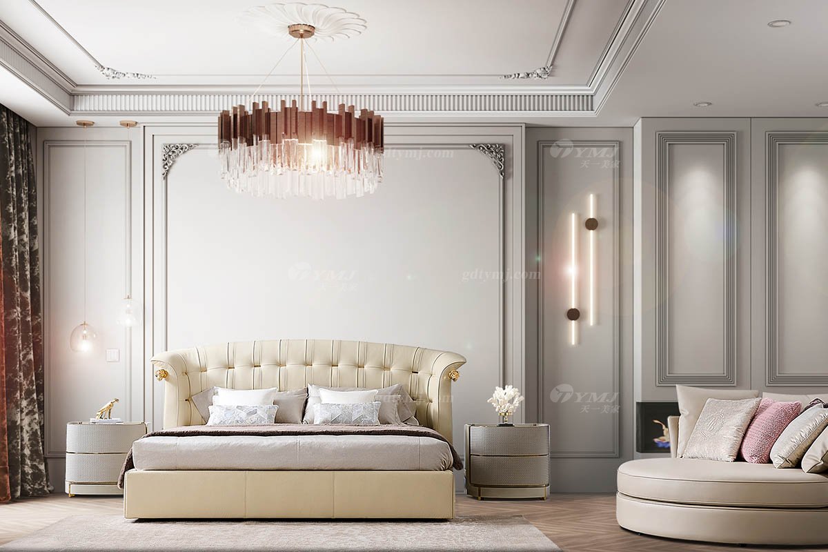 意式輕奢家具高端別墅會所豪宅家用時尚奢華米色真皮大床123B21M床2